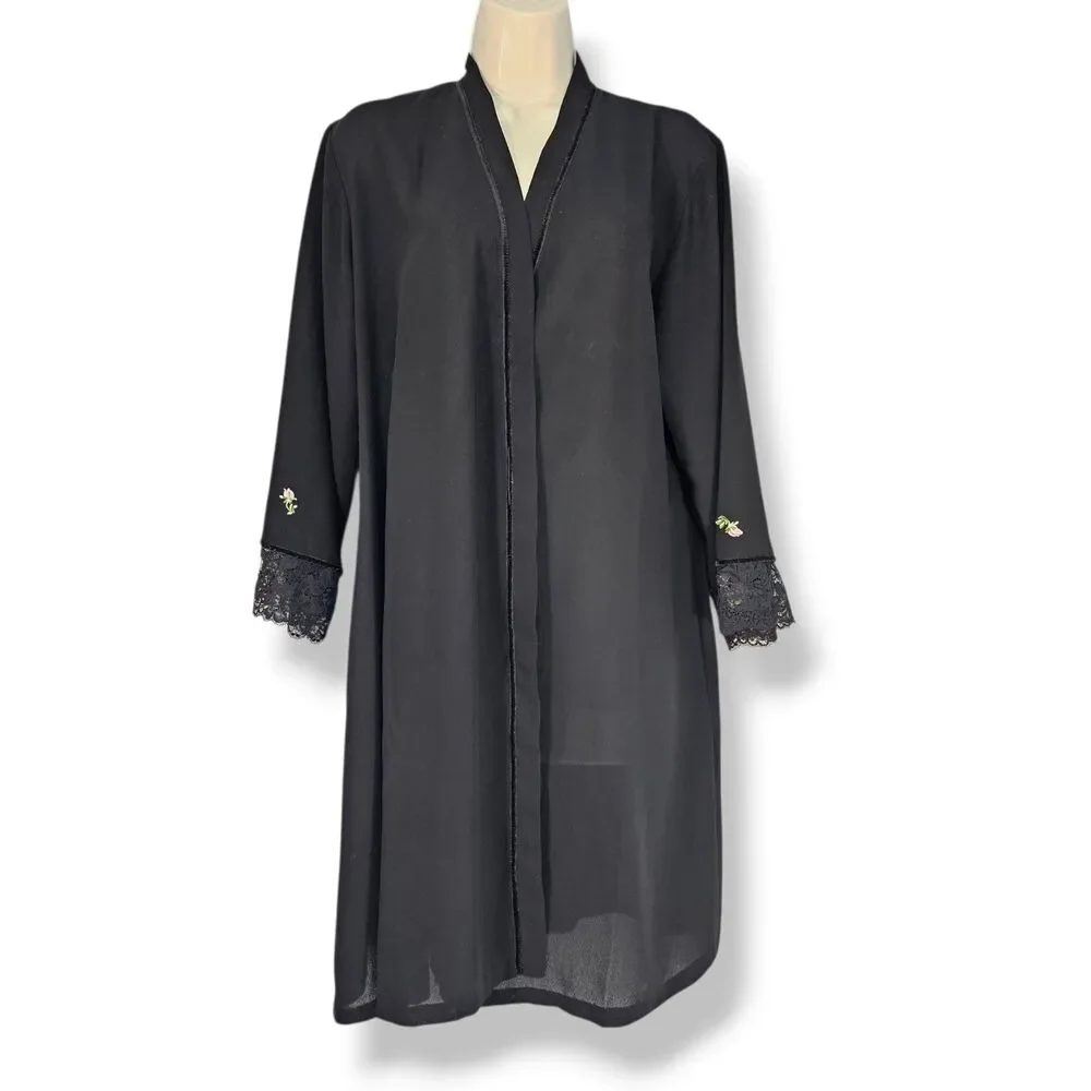 Vtg Oscar de la Renta Pink Label Black Chiffon Floral Embroidery Robe No Belt